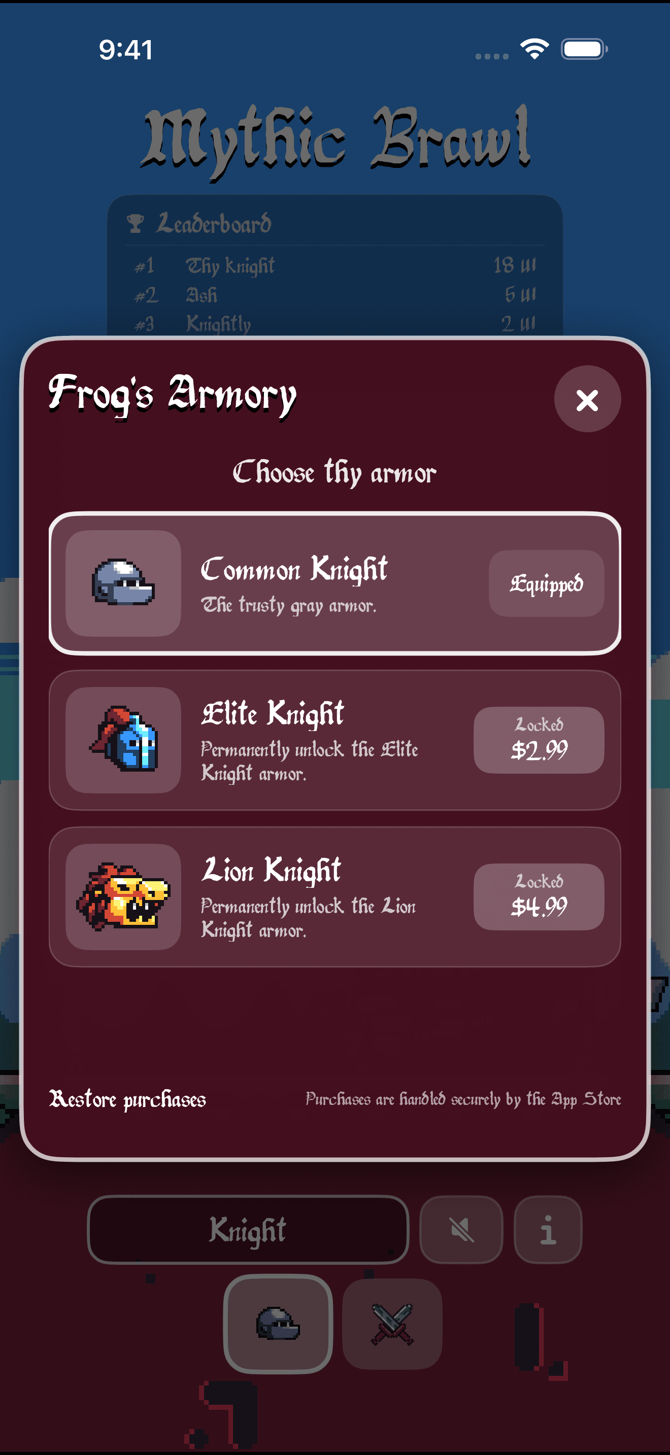Frog’s Armory shows the free Common Knight, Elite Knight for $2.99, Lion Knight for $4.99, and Restore Purchases. Prices shown are in US dollars.